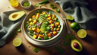 Image of a fresh Avocado & Mango Salad for one, with ripe avocado slices, cubed mango, red onion, cilantro, and jalapeño, all dressed in a citrus lime and orange dressing, on a simple table enhancing the vivid colors.