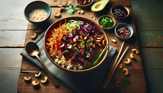 Image of a Vegan Wood-Smoked Asian BBQ Bowl at a food festival, featuring caramelized jackfruit, colorful veggies, and topped with cashews and cilantro on a wooden table.