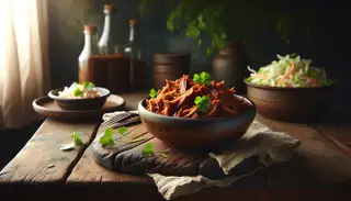 Realistic image of smoked vegan 'pulled pork' jackfruit in a rustic bowl on a dark table, garnished with cilantro, with a softly blurred, warmly lit background.