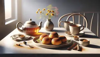 High tea setting with golden brown vegan Mandazi dusted with cinnamon on a ceramic plate, amber tea in classic teapot, teacup, and minimal decor with bright flowers.