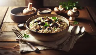Rustic image of creamy vegan mushroom risotto with truffle oil and fresh parsley in a bowl on a wooden table, accompanied by a silver spoon and linen napkin.