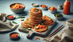 Vibrant Vegan Kimchi Pancakes, crispy and golden, displayed on a minimalist table, inviting a delightful feast.