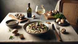 Creamy vegan mushroom and walnut risotto with truffle oil, garnished with parsley on a minimalist table, next to vegan white wine, against a neutral backdrop.