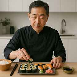 Hiroshi in a sleek, minimalist kitchen, preparing a vegan sushi platter.