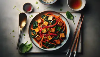 Image of a vegan Asian-inspired dinner featuring golden brown cubed tofu, julienned carrots, and red bell peppers in a glossy sauce, with wilted spinach and chopsticks.