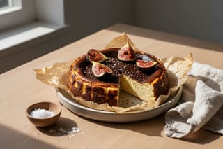 Rustic plant-based miso-caramel cheesecake with charred figs and sea salt. Minimalist wabi-sabi style in soft morning light.