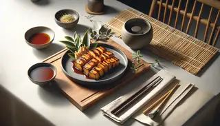 Realistic image of grilled jackfruit with marinade on a sleek plate, bamboo mat, chopsticks, minimalist Asian-themed setting with natural light.