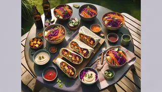 Image of a vegan BBQ picnic featuring Asian-inspired wraps with smoked jackfruit and colorful veggies at the center, a bowl of sriracha mayo, set against a backdrop of greenery.