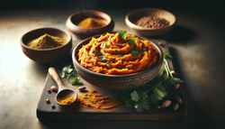 Creamy golden-orange vegan African dish with cilantro on a wooden table, surrounded by spices and a wooden spoon, in soft lighting.