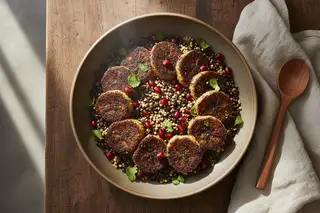 Pan-seared Earl Grey & Berbere plantains on Beluga lentils and heritage sorghum, topped with pomegranate and cilantro in a rustic matte bowl.