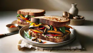 Gourmet vegan sandwich on artisan bread with sautéed mushrooms, bell peppers, onions, vegan mayo-sriracha spread, optional cheese, and greens.