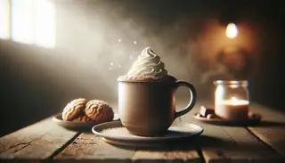 Cozy image of vegan hot chocolate in a mug, topped with whipped cream on a rustic table, accompanied by vegan cookies.