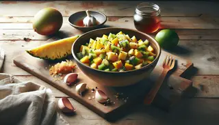 Vibrant bowl of tropical fruit marinade with pineapple, mango, and kiwi in lime juice and spices on a rustic wooden table, exuding freshness.