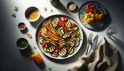Charred Vegan Salad with Asian Dressing Image of a vibrant vegan salad with charred zucchini, bell peppers, carrots, and red onions, topped with sesame seeds and cilantro on a minimalist table.