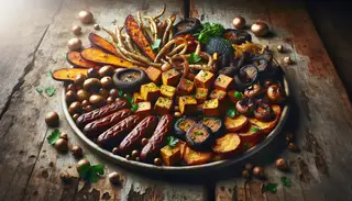 Vegan gastro pub platter on a wooden table with tempeh, shiitake mushrooms, vegan sausage, sweet potatoes, caramelized onions, and fresh herbs, in a warm light.