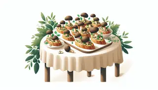 Vegan Truffle Mushroom Crostini on elegant dining table: golden baguette slices with truffle mushrooms and fresh parsley.