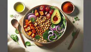 Vegan African bowl with teff grains, chickpeas, sweet potatoes, spinach, cherry tomatoes, red onions, and avocado, garnished with cilantro on a light table.