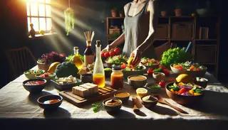 Imagine a well-lit dining scene, the glow of natural light emphasizing an array of mouth-watering dishes laid across the table. A women stands proudly, presenting her homemade vegan sour sauce, it's vibrancy standing out in the center of the table. Arranged around it, bowls of fresh vegetables, blocks of tofu, and colorful salads wait to be enhanced by the sauce's tangy flavour. The sauce, its base consisting of bright apple cider vinegar, freshly squeezed lemon juice, golden agave syrup, tamari or soy sauce, creamy Dijon mustard, and a dusting of garlic and onion powder, black pepper, and salt. Every ingredient, whisked together, results in a harmonic blend of flavors that promise to engage your taste buds. Light straying from the window catches on the ingredients, causing the sauce to sparkle enticingly.