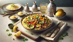 Elegant dinner table with Moroccan-inspired vegan couscous in a shallow bowl, featuring roasted zucchini, bell peppers, chickpeas, garnished with cilantro and lemon wedges, on a neutral backdrop.