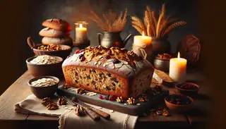 A rustic harvest bread, loaded with whole wheat flour, oats, walnuts, and cranberries, displayed on a cozy table setting.