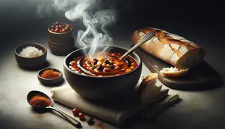 Smoky vegan BBQ soup in an elegant bowl, with crusty bread for dipping, on a simple table setting, highlighted by warm lighting.