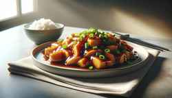Image of 'Smothered Miso Maple Jackfruit' on a white plate, drenched in shiny sauce with scallions, beside steamed rice, on a minimalist table with soft lighting.
