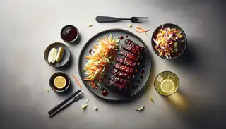 Minimalist vegan dinner setting with smoky seitan ribs, apple cider slaw, extra BBQ sauce, and lemonade on a modern plate against a neutral background.