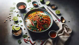 Vegan Szechuan noodle bowl with colorful bell peppers, carrots, green onions in a spicy sauce, garnished with peanuts and cilantro, served with lime wedges.