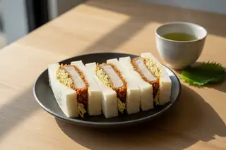 Lion's Mane 'Katsu' Sando with Yuzu-Miso Slaw Vegan Lion’s Mane Katsu Sando on Shokupan bread, sliced on a charcoal plate with yuzu slaw and green tea. Minimalist Japanese aesthetic.