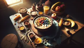 Create an image of a warm and inviting breakfast scene inspired by the diverse flavors of Africa. The scene should capture a rustic wooden table adorned with a vegan breakfast, ready to be savored. At the center, a steaming bowl filled with maize porridge lovingly prepared brims with fresh fruits and crunchy nuts. The morning light dapples over these elements, hinting at the crack of dawn and creating a cozy ambiance. Immerse yourself into the picture by imagining yourself seated at this table, ready to enjoy a nutritious and flavorful breakfast, energizing you for the day ahead.