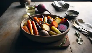Elegant vegan confit root vegetables in a ceramic dish on a wooden table, highlighted by natural lighting, with thyme and bay leaf garnishes.