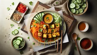Image of a vegan street food-style spicy satay with golden-brown tofu cubes, cucumber ribbons, julienned carrots, red bell peppers, drizzled with peanut sauce, and topped with fresh cilantro, set on a minimalist table.