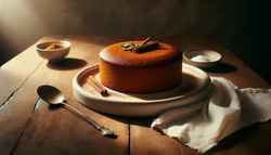 Image of a spiced vegan pumpkin cake on a rustic ceramic plate, with a silver server and white napkin on a wooden table, under soft, natural light, emphasizing its warm hues and visible spices.