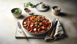 Vegan dinner featuring roasted sweet potatoes, red bell peppers, carrots, red onion, crispy tofu, garnished with cilantro and sesame seeds on a minimalist table.