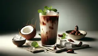 Image of African Tamarind Coconut Cooler: A tall glass with brown drink and creamy coconut streaks, adorned with mint, beside tamarind pods and coconut shell, in bright light.