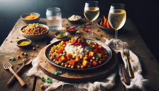 Vegan millet dish with sweet potatoes, chickpeas, and red bell peppers, garnished with cilantro on a rustic table, accompanied by sparkling water and salad.