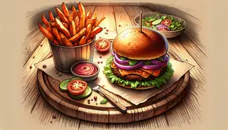 Vegan Asian BBQ burger in a gastropub, with sweet potato fries, rustic table, and warm lighting, emphasizing simple, appetizing presentation.