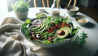 Image of a vegan umami salad in a simple bowl with arugula, spinach, kale, cremini mushrooms, edamame, red onion, sun-dried tomatoes, avocado, and sesame seeds, in natural light.