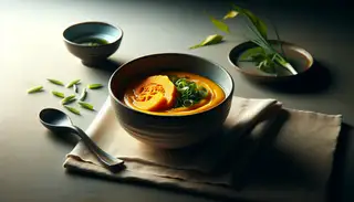 Japanese-inspired kabocha squash miso soup in a simple bowl, topped with scallions, on a minimalist table under soft lighting.