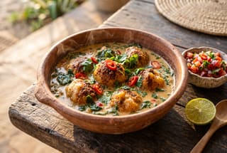 Berbere-Spiced Cassava Gnocchi in Tangy Tamarind-Coconut Broth A clay bowl of spiced cassava dumplings in coconut broth, garnished with greens and chiles, served on a wooden table with lime.