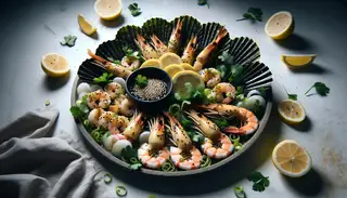 Vegan umami seafood platter with caramelized vegan shrimp and scallops, adorned with lemon, green onions, sesame seeds, nori, and cilantro on a minimalist table.
