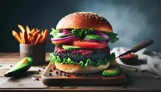 Hyper-realistic image of a gourmet vegan burger with a black bean and beetroot patty on a wooden table, accompanied by sweet potato fries, under natural lighting.