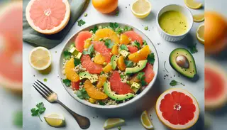 A vibrant citrus quinoa salad with grapefruit, orange, avocado, cilantro, and lemon dressing on a clean table.