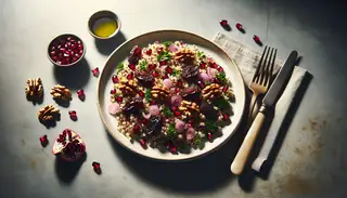 Vegan quinoa salad with dates, pomegranate, red onion, parsley, and walnuts, dressed in a glossy olive oil mix, showcased in natural light.