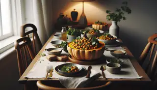 Image of a baked squash filled with chickpeas, garnished with cilantro, scallions, and sesame seeds on a minimalist table, under warm lighting.