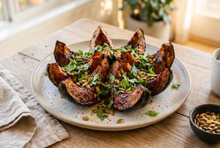Glazed roasted squash wedges with fresh herbs and seeds on a ceramic plate, bathed in warm natural sunlight on a wooden table.