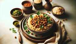 Wholesome vegan African-inspired meal: seasoned millet bowl with chickpea stew, topped with fresh parsley leaves on minimalistic table setting.