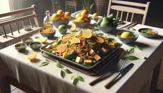 A vibrant Lemongrass Tofu Noodle Salad steals the spotlight on a simple table, inviting viewers to savor its tangy and revitalizing flavors.