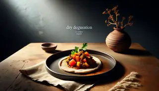 Minimalist vegan African fusion dish on a wooden table, featuring injera with tomato, carrot, and bell pepper stew in coconut milk, garnished with cilantro.