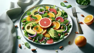 A visually appealing citrus salad on a clean table setting with greens, oranges, grapefruit, avocado, red onion, mint, and almonds.